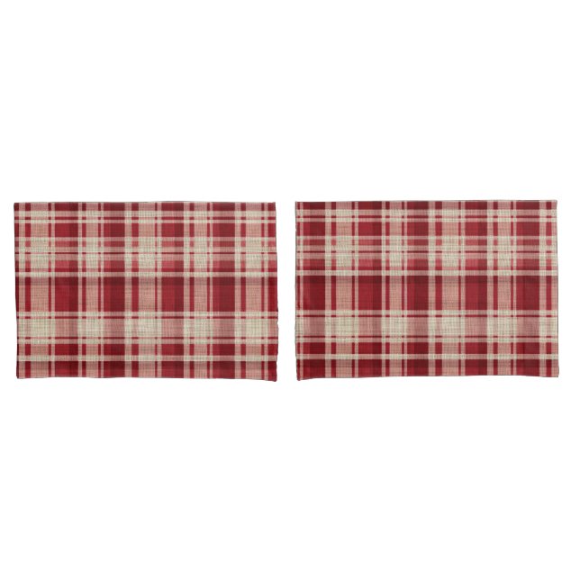 Housse D'oreillers Bandes Plaid Crème Rouge (devant-Set)