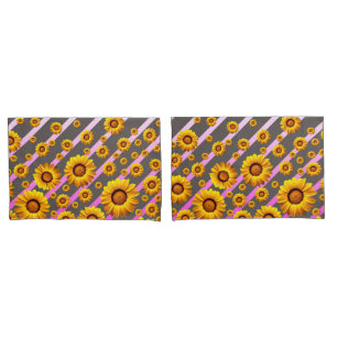 Housse D'oreillers Belles fleurs jaunes sur gris, rayures roses