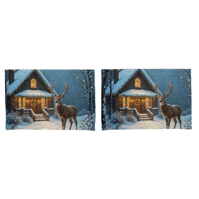 Housse D'oreillers  Big Buck's Snowy Christmas Visit (devant-Set)