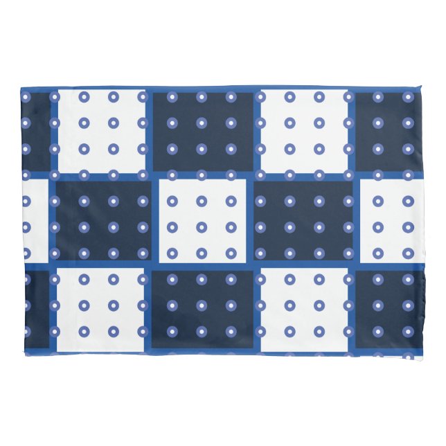 Housse D'oreillers Bleu indigo et patchwork blanc et cercles (devant)