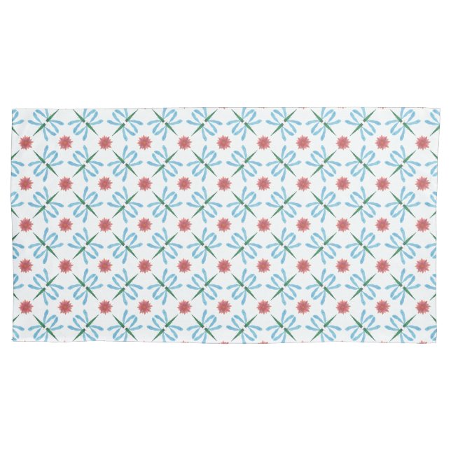 Housse D'oreillers Bleus libellules, Nil d'eau rose sur blanc (devant-gauche)