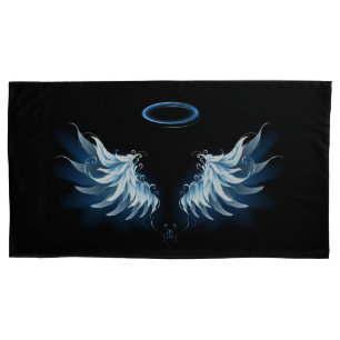 Housse D'oreillers Blue Glowing Angel Wings on black background