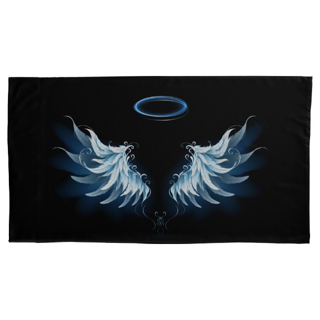 Housse D'oreillers Blue Glowing Angel Wings on black background (devant-gauche)