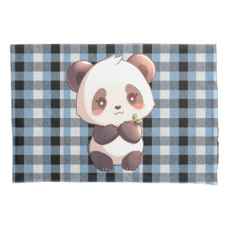 Housse D'oreillers Blue Plaid Panda