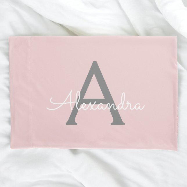 Housse D'oreillers Blush Pink Grey Modern Script Girly Monogram (Créateur téléchargé)