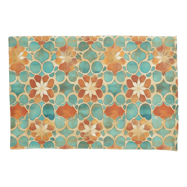Housse D'oreillers Boho Marocain Turquoise et Terracotta Floral (devant)