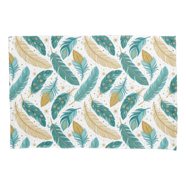 Housse D'oreillers Boho Turquoise et or plumes (devant-gauche)
