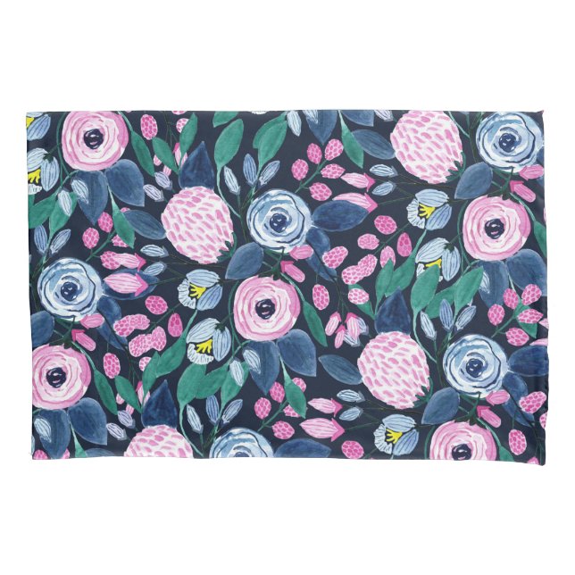 Housse D'oreillers Bouquet d'aquarelle bleu marine rose (devant)