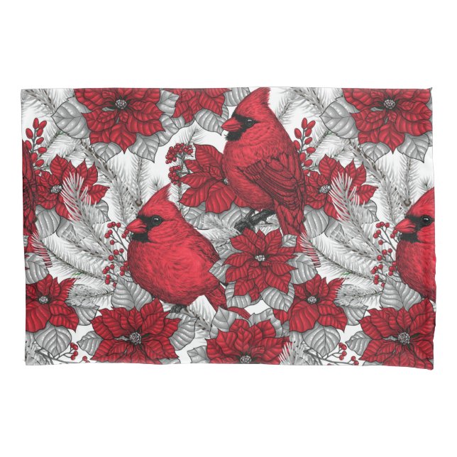Housse D'oreillers Cardinaux et poinsettia en rouge et blanc (devant-gauche)