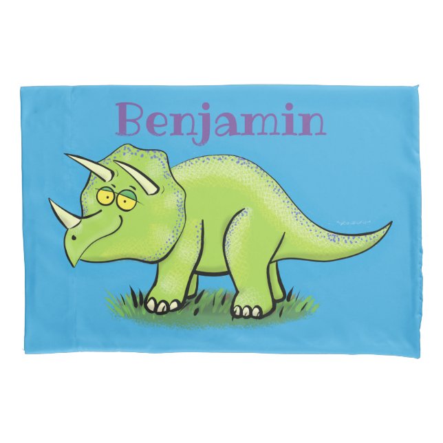 Housse D'oreillers Caricature de dinosaure de triceratops vert mignon (devant)