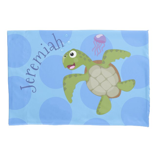 Housse D'oreillers Caricature joyeuse de tortue de mer verte mignonne (devant)