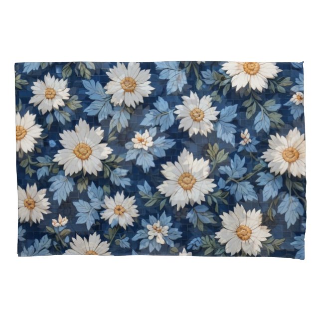 Housse D'oreillers Carrelage bleu foncé Blanc Floral (devant)