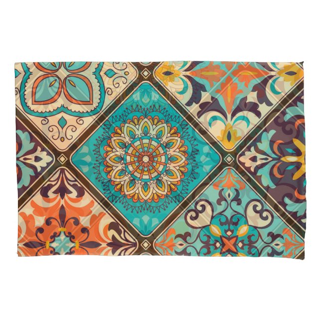 Housse D'oreillers Carrelage en patchwork coloré : Motifs islamiques. (devant)