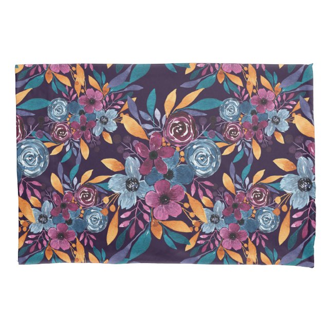 Housse D'oreillers Cas de Burgundy Navy Mustard Watercolor Flowers (devant)