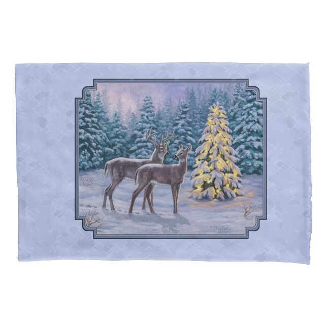 Housse D'oreillers Cerf et arbre de Noël Bleu d'hiver (devant-gauche)