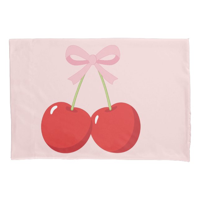 Housse D'oreillers Cerises rouges avec cou rose Coquette Cottage Chic (devant)