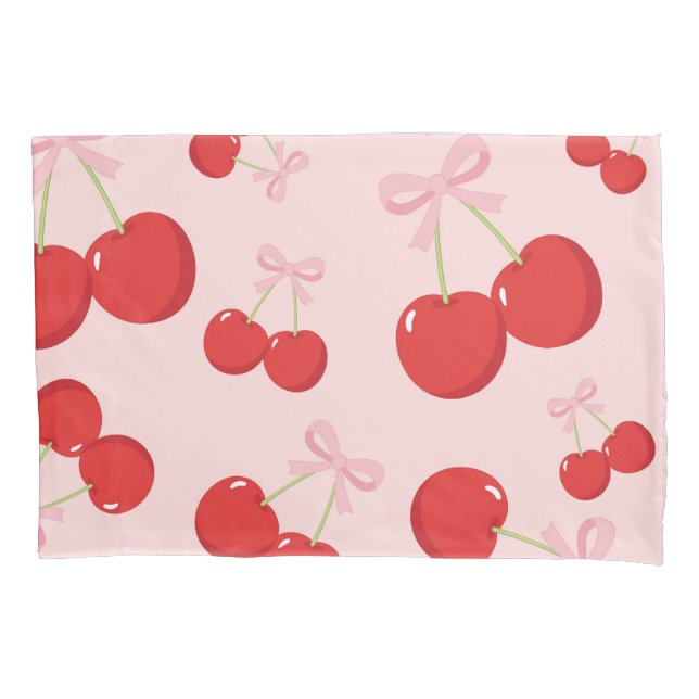 Housse D'oreillers Cerises rouges avec cou rose Coquette Cottage Chic (devant)