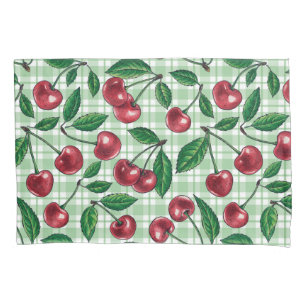 Housse D'oreillers Cerises rouges sur en vichy vert clair