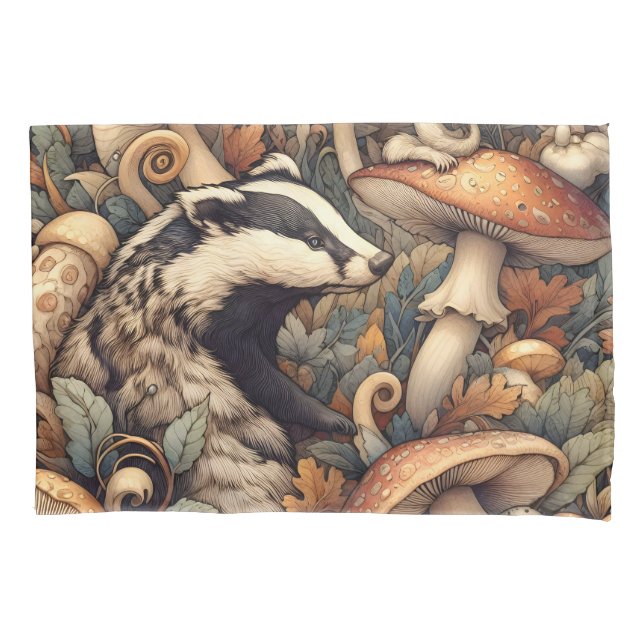 Housse D'oreillers Champignons rustiques des bois Badger Nature sauva (devant)
