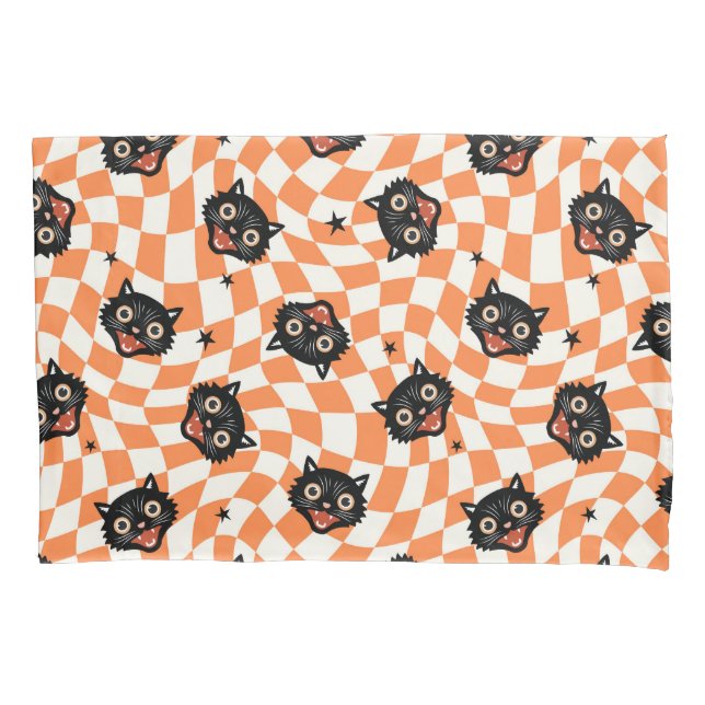 Housse D'oreillers Chat noir rétro Motif chèque orange (devant)