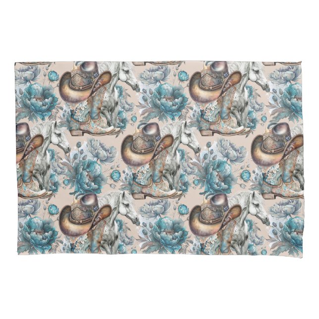Housse D'oreillers Cheval fille cowgirl motif floral turquoise (devant)