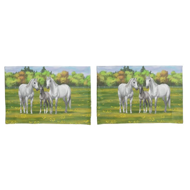 Housse D'oreillers Chevaux Gris De La Pomme Blanche En Été (devant-Set)