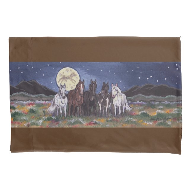 Housse D'oreillers Chevaux Montre de Pony Lune Nuit Ciel Nature Pré (devant)