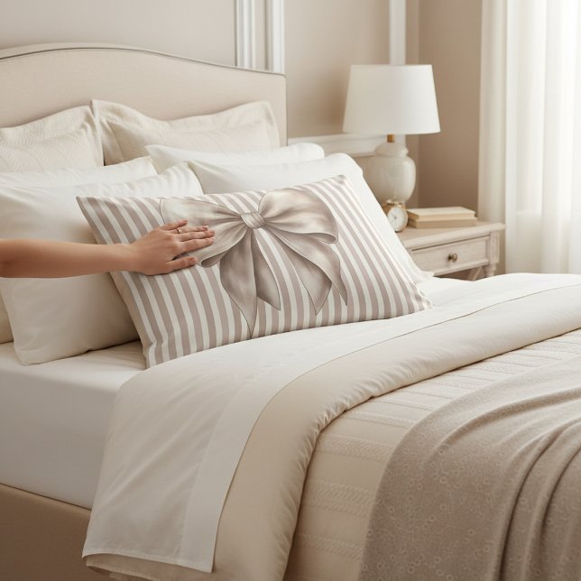 Housse D'oreillers Chic Beige Bow Vertical Stripes Accent Pillowcase (Créateur téléchargé)