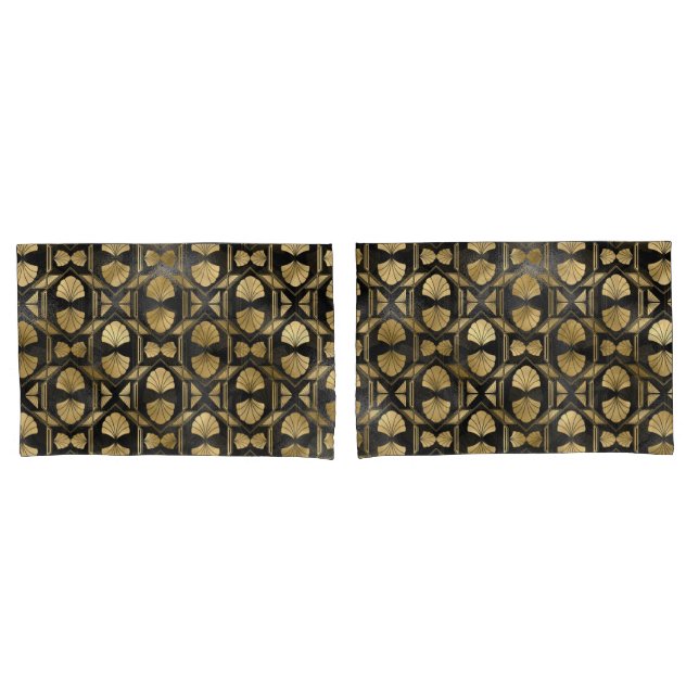 Housse D'oreillers Chic Black & Gold Art Deco Shell Motif (devant-Set)