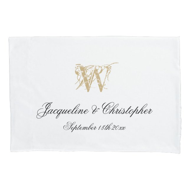 Housse D'oreillers Chic Blanc Or Monogramme + Noms Nouveau Mariage (devant)