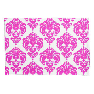 Housse D'oreillers Chic Élégant Motif Damassé Rose Chaude et Blanc