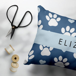 Housse D'oreillers Chien Paws, White Paws, Blue Hearts, Votre Nom