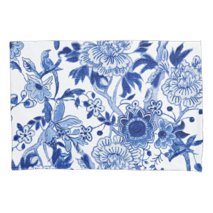 Housse D'oreillers Chinoiserie Oiseau Floral Bleu et Blanc Folithe Ar