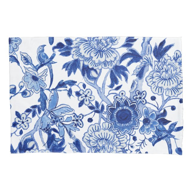 Housse D'oreillers Chinoiserie Oiseau Floral Bleu et Blanc Folithe Ar (devant)