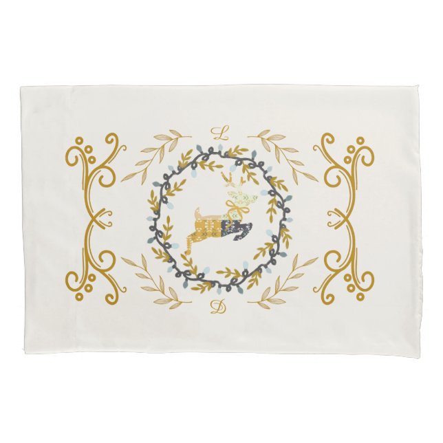 Housse D'oreillers Christmastime Deer with Wreath Yellow Cream (devant)
