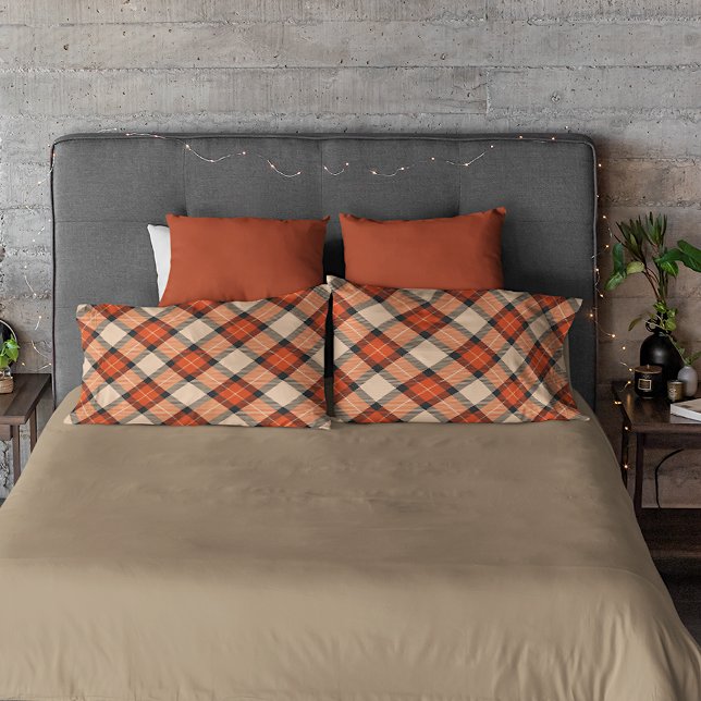 Housse D'oreillers Citrouille d'automne classique Orange Brown Tartan (Créateur téléchargé)