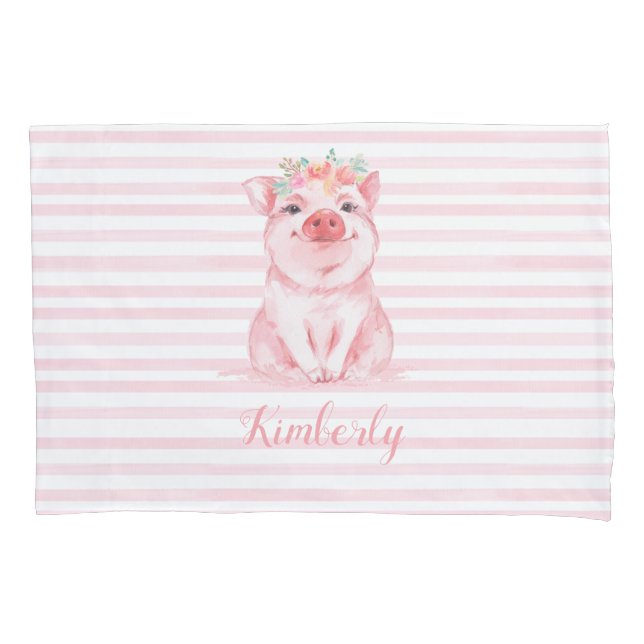 Housse D'oreillers Cochon d'aquarelle mignon avec bandes roses (devant)