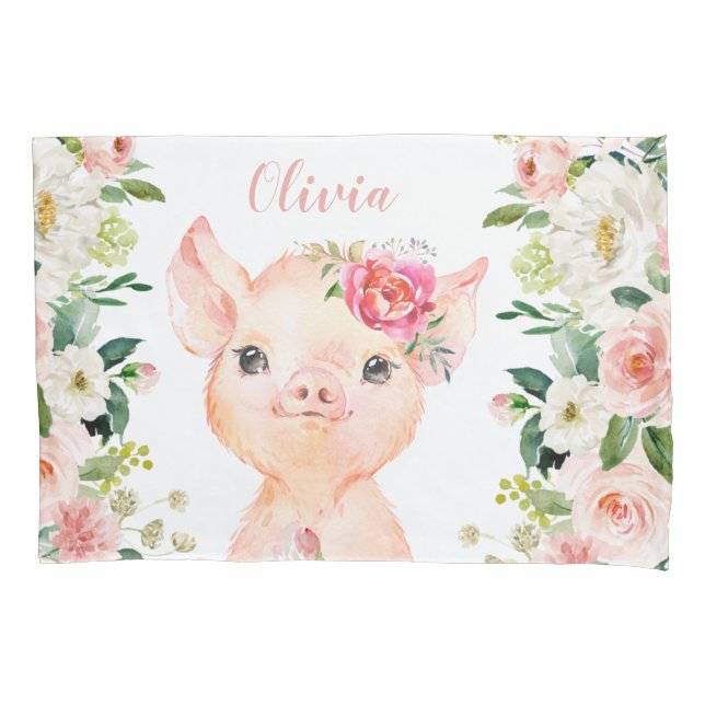 Housse D'oreillers Cochon mignon aux fleurs roses blanches (devant)