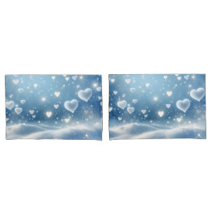 Housse D'oreillers Coeurs de neige flottants et flocons de neige
