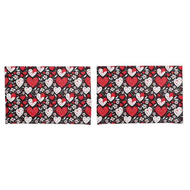 Housse D'oreillers Coeurs et fleurs rouges, noirs et blancs (devant-Set)