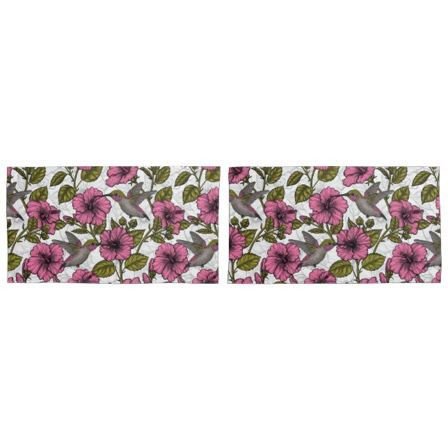 Housse D'oreillers Colibris et fleurs d'hibiscus roses (devant-Set)