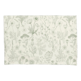 Housse D'oreillers Collage de fleurs sauvages / blanc cassé et sauge