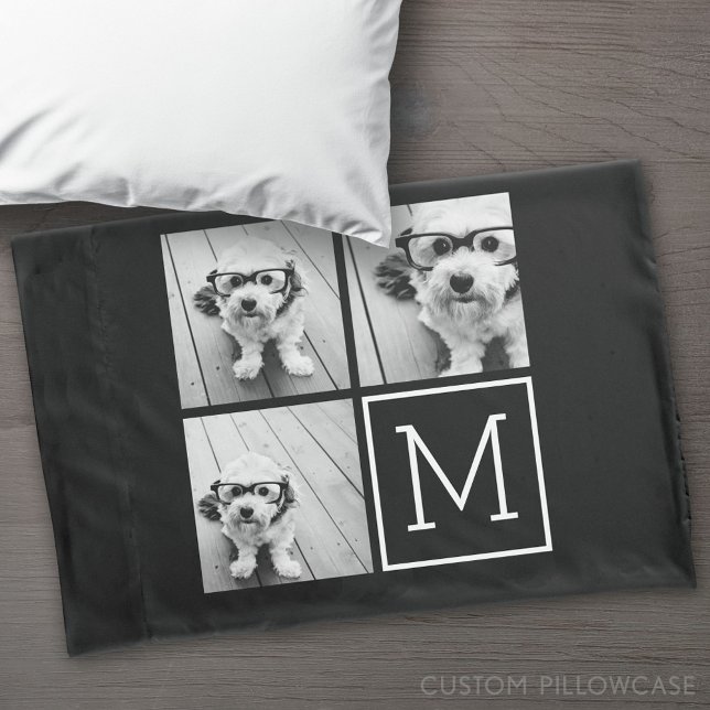 Housse D'oreillers Collage photo noir et blanc avec Monogramme (Custom Pillowcase)