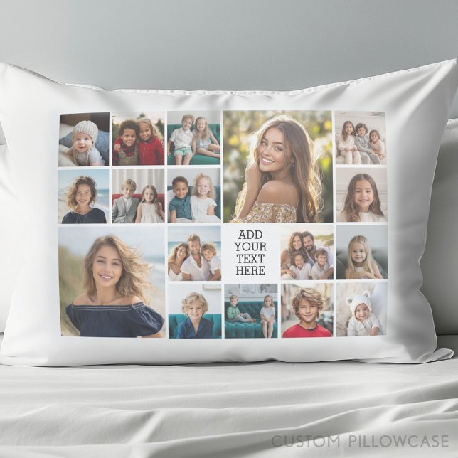 Housse D'oreillers Collage photo personnalisé 17 - texte noir blanc (Create Your Own Photo Collage Pillowcase)