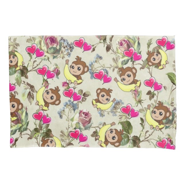 Housse D'oreillers Coque coussin Monkey Bananas Coeurs roses Floral (devant)