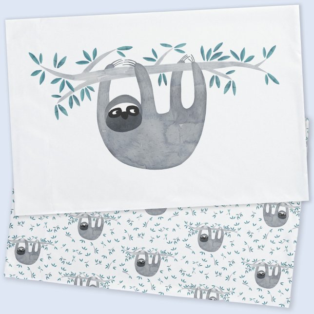 Housse D'oreillers Couleur d'aquarelle du fentes (Sloth watercolor pillowcase with matching sloth pattern on the reverse)