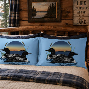 Housse D'oreillers Couple de plongeons arctiques Coucher de soleil Bl