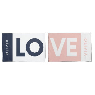 Housse D'oreillers Couple rose bleu serif amour typographie moderne