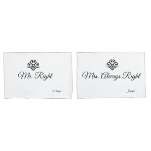 Housse D'oreillers Couples Mariage M. Right & Mme Always Right