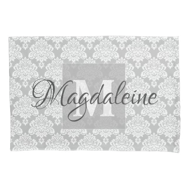 Housse D'oreillers Coussin gris Damask Coque avec Monogram & Nom (devant)